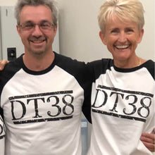 Load image into Gallery viewer, T-Shirt - Black and White Raglan with Black DT38 Logo